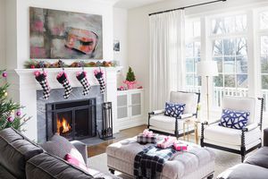 black white living room pink accents christmas